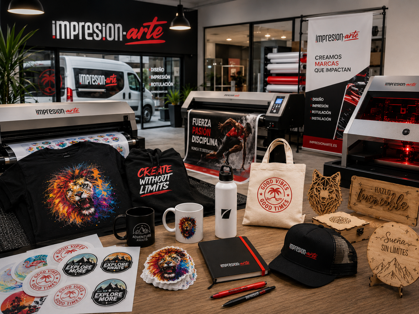 Trabajos de impresión, DTF, pegatinas, rotulación, corte láser y merchandising de Impresión-Arte